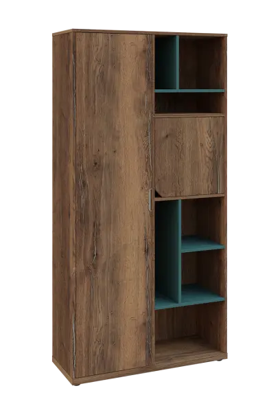 KSR6-83 L skříň šatní, 1x výsuvné ramínko, dvířka, niky, 2053x1022x400 mm, provedení levé, korpus a dvířka dub halifax cínový/police světle petrolejová